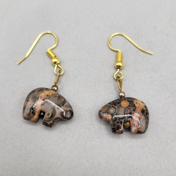 Fetish Bear Shaped Leopard Jasper Stone Dangle Earrings Gold Tone Hooks - Picture 2 of 2